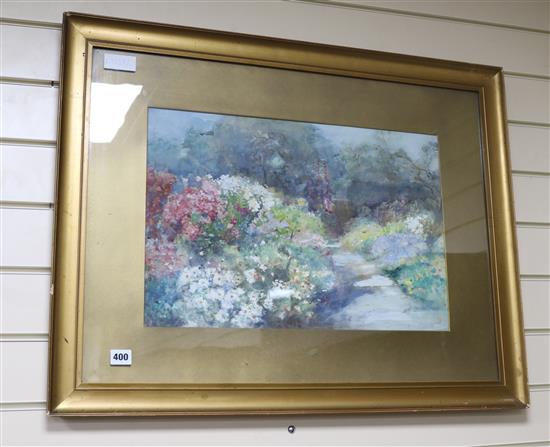 Miss Jessie Laing, watercolour, flower garden, signed, 14 x 20.5in.